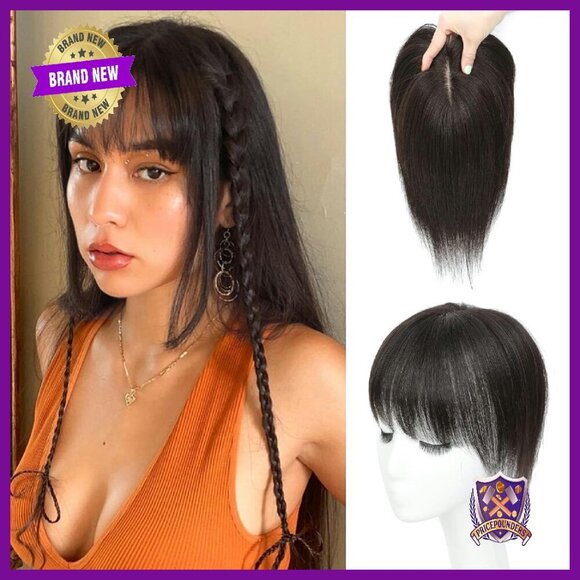 Real Human Hair Topper with Bangs 150% Density Silk Base Clip-in